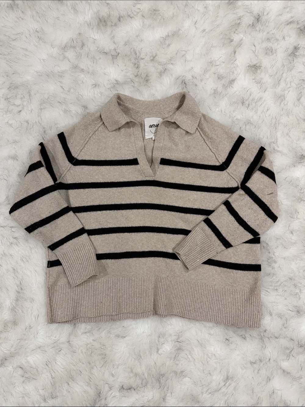 Aerie Oversized Polo Sweater Beige & Black Small